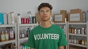 Volunteer Prints: Young hispanic man wearing green shirt with glasses stands by crowded shelf of donated goods in a bright indoor