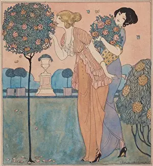 Moda Prints: Two young ladies in the rose garden. Museum: PRIVATE COLLECTION. Author: GERDA WEGENER