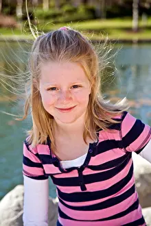 Stripped Prints: young person people Blonde girl 7-10 year old girl in park looking up