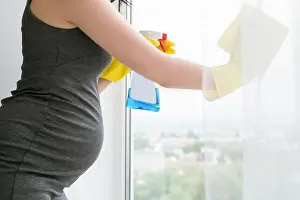 Expecting Prints: Young pregnant woman is cleaning window
