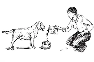 Labrador Prints: Young woman feeding dog, hand drawn doodle, sketch, black and white illustration