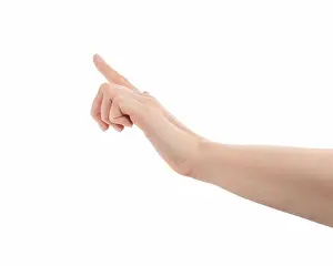 Young woman hand touch screen tap gesture isolated on white background