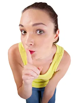 Distorted Prints: young woman making shh gesture by putting one finger on her mouth