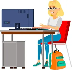 Formalwear Prints: young woman student checking test result online on computer cartoon vector