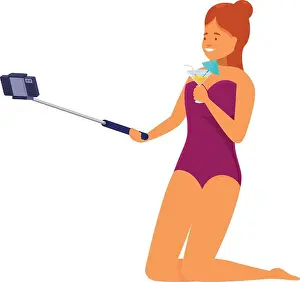 Kneeling Prints: Young woman in a swimsuit is kneeling and taking a selfie while holding a tropical cocktail