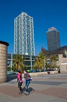 Roller Prints: Young women rollerblading Passeig Maritim de la Barceloneta seaside promenade Barcelona Catalunya Spain Europe