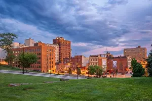 Youngstown, Ohio, USA downtown park and townscape at twilight