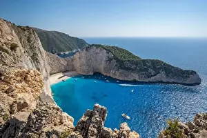 Noon Prints: Zakynthos Shipwreck Navagio beach cove with luxury yachts view from cliff observation view point