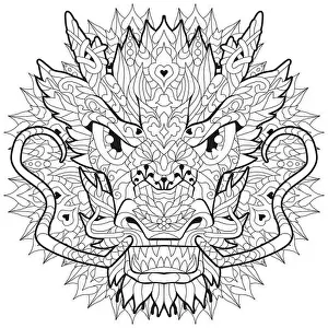 Zentangle Prints: Zentangle dragon head with mandala. Hand drawn decorative vector illustration for coloring