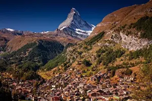 Valais Canton Prints: Zermatt, Switzerland. Image of iconic village of Zermatt