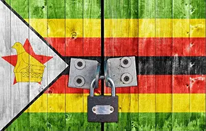 Zimbabwe Prints: Zimbabwe flag on door with padlock
