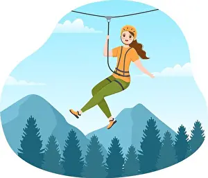 Thrill Prints: Zip Line Illustration with Visitors Walking on an Obstacle Course