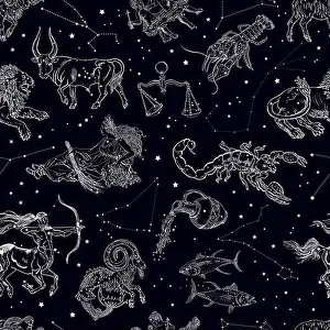 Zodiac signs, constellations and stars seamless pattern