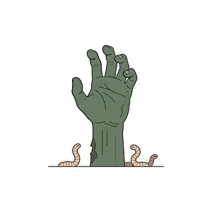 Rising Prints: Zombie hand rising from the ground with worms on Halloween