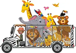 Bears Prints: Zoo concept with wild animals in the car isolated on white background illustration