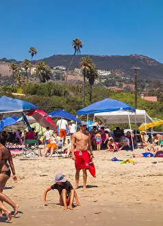Summer Vacation Prints: ZUMA BEACH, CALIFORNIA, USA - People on Zuma beach, public beach north of Malibu