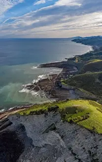 Zumaia and Deba flysch geological strata layers drone aerial view, Basque Country