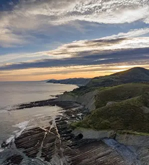 Zumaia flysch geological strata layers drone aerial view, Basque Country