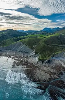 Cantabrian Prints: Zumaia flysch geological strata layers drone aerial view, Basque Country